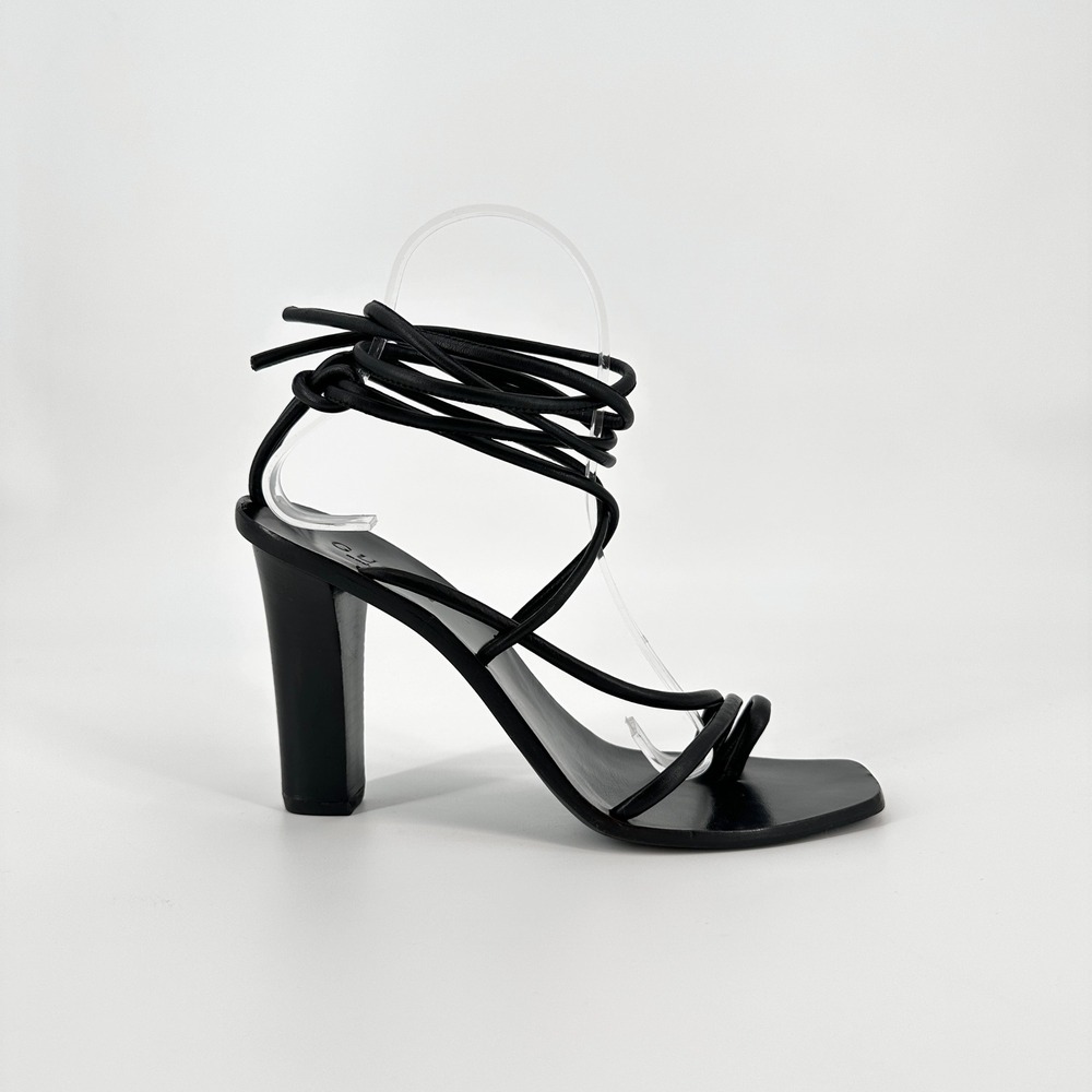 Gucci Black Strappy Sandals Tom Ford Era Square Toe Lace Up Block Heel 37C‎ Rare